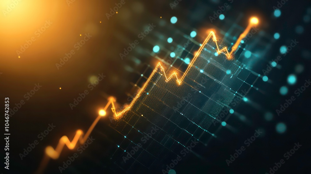 Poster Abstract glowing line chart representing growth, success, and progress on a dark blue background with digital grid and bokeh lights.