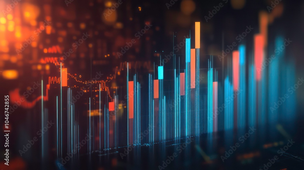 Poster Abstract data visualization with bar chart and glowing lines, depicting growth and development.