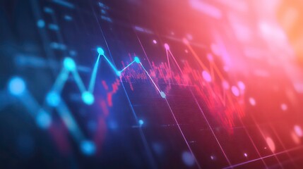 Abstract digital graph with red and blue lines representing data and financial markets on a dark background.