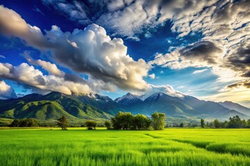 Obraz premium Serene Double Exposure Landscape of Green Grass Field, Majestic Mountains, and Lush Clouds on a Clear Sunny Day in a Vibrant Blue Sky