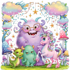 Obraz premium cutest funny different monsters, unicorn and elfs at white background. Digital illustration. Ai generated