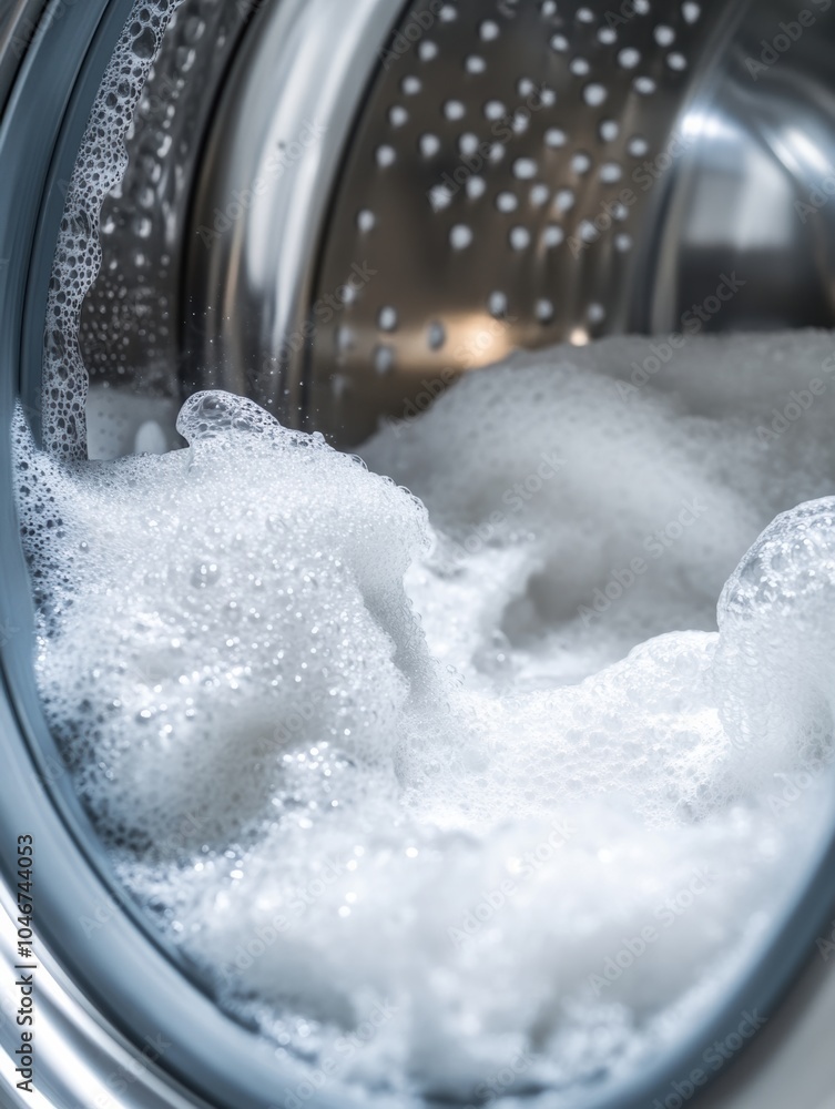 Poster the washing machine drum showcases a frothy mixture of suds and clean white towels during a wash cyc