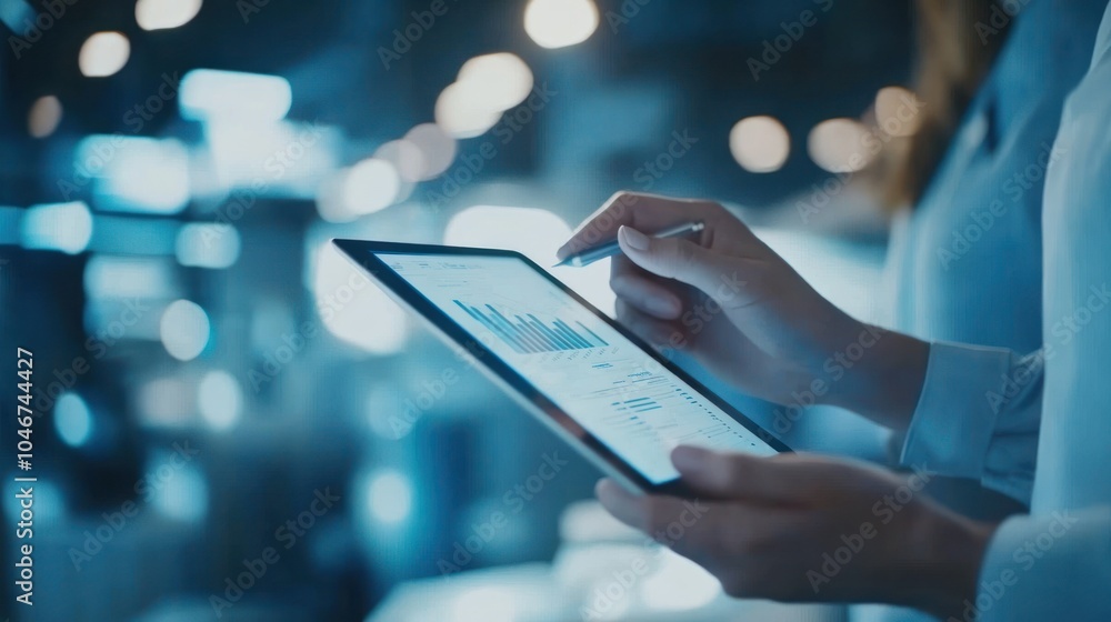 Poster a person using a tablet to analyze data with graphs in a modern, illuminated environment.