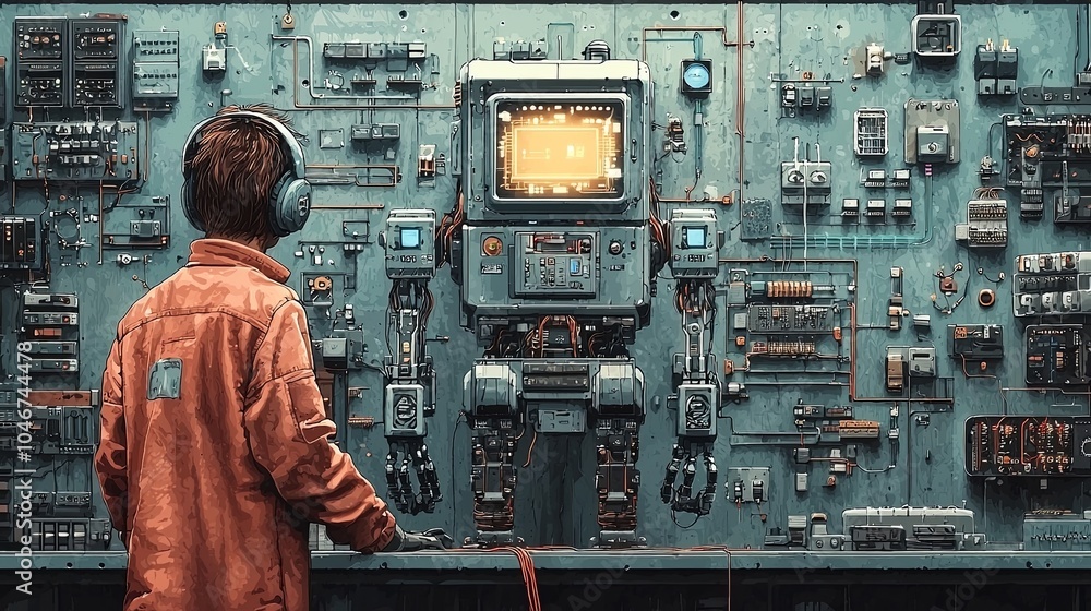 Poster a person wearing headphones stands in front of complex robotics and tech machinery in a technologica