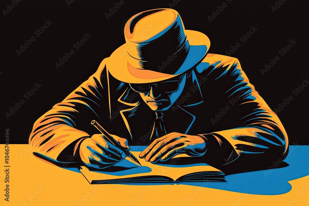 Poster mysterious writer in shadows the art of creation and reflection
