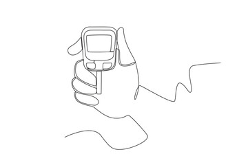 Continuous one line drawing of Hand holding blood glucose measuring device, International diabetes day
