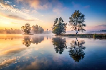Fototapeta premium A serene lake at dawn with a misty atmosphere and a few trees surrounding the water's edge, serene lake, misty morning, scenery, serenity