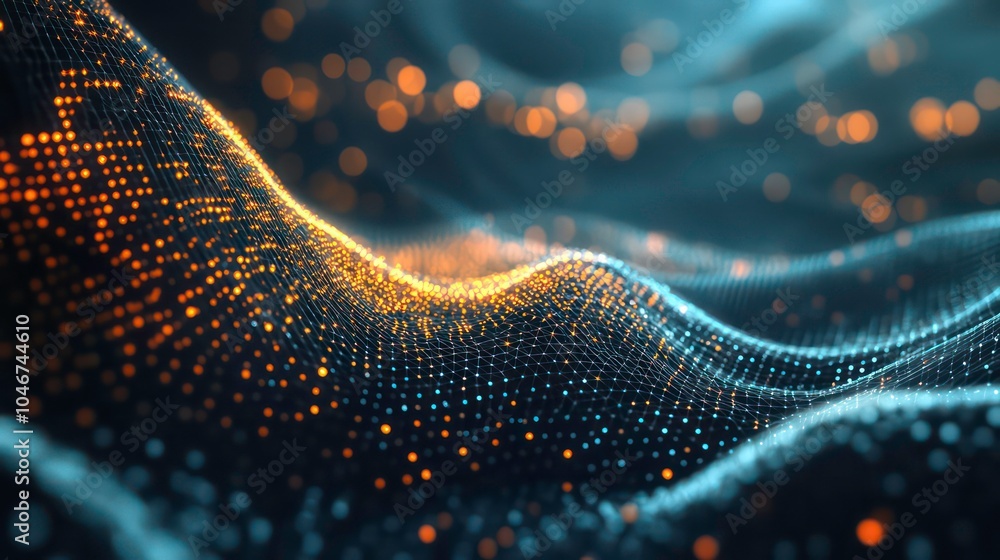 Aufkleber abstract background with a wave of glowing particles in blue and orange.