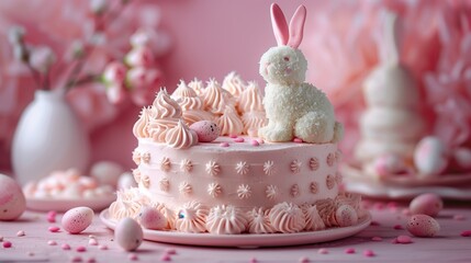 Easter bunny cake with pink frosting and decorations