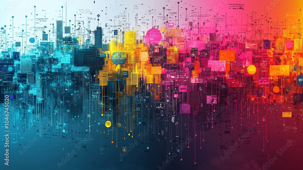 Poster a vibrant, abstract cityscape that merges digital elements with urban architecture, creating a dynam