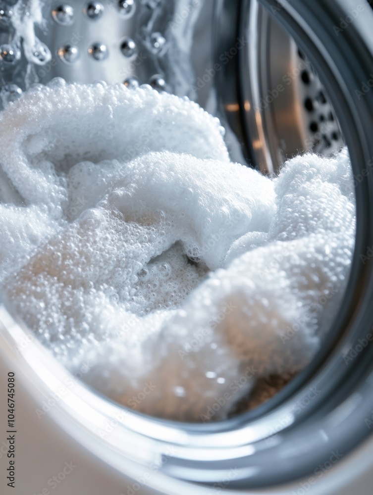 Aufkleber a washing machine drum is packed with fluffy white towels, bubbling with detergent as they soak in w