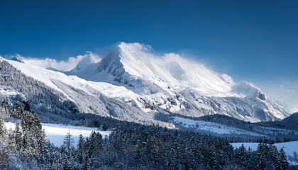 Fototapeta premium White snow covers the mountainous background of the landscape slowly falling on a cold _1(864)