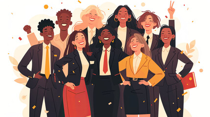 A vibrant image showcasing a joyous group of professionally dressed individuals united in celebration, embodying teamwork and diversity in the workplace.