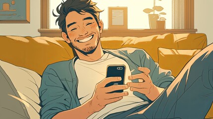 A cheerful individual reclining comfortably on a couch while engaging with a smartphone, expressing relaxation, contentment, and a modern digital lifestyle.