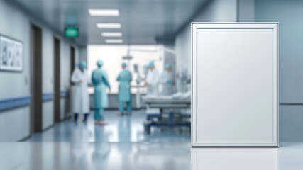 White, blank poster frame in the foreground, with medical professionals blurred out behind it. The background is a bright hospital room.