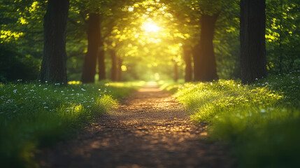 Fototapeta premium A tranquil pathway winds through a vibrant forest, bathed in warm sunlight, showcasing the beauty of nature in the morning