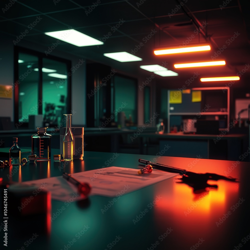 Poster exploring the intriguing elements of a dimly lit laboratory environment at night
