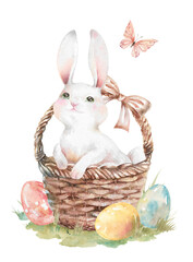 Cute white fluffy bunny in an Easter basket on green lawn with painted eggs watercolor illustration