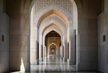 Yard with archway of Sultan Qaboos Grand Mosque in the morning, Muscat
