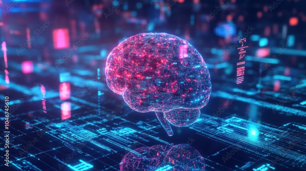 Poster virtual brain in digital space with flowing data