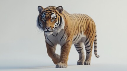 Fototapeta premium Majestic Bengal tiger standing gracefully on a solid white background full body view realistic fur texture sharp eyes powerful presence