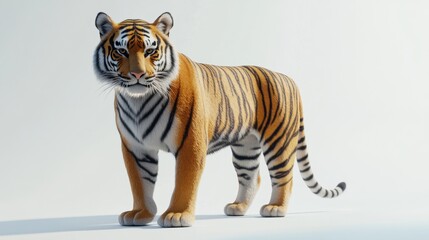 Obraz premium Majestic Bengal tiger standing gracefully on a solid white background full body view realistic fur texture sharp eyes powerful presence