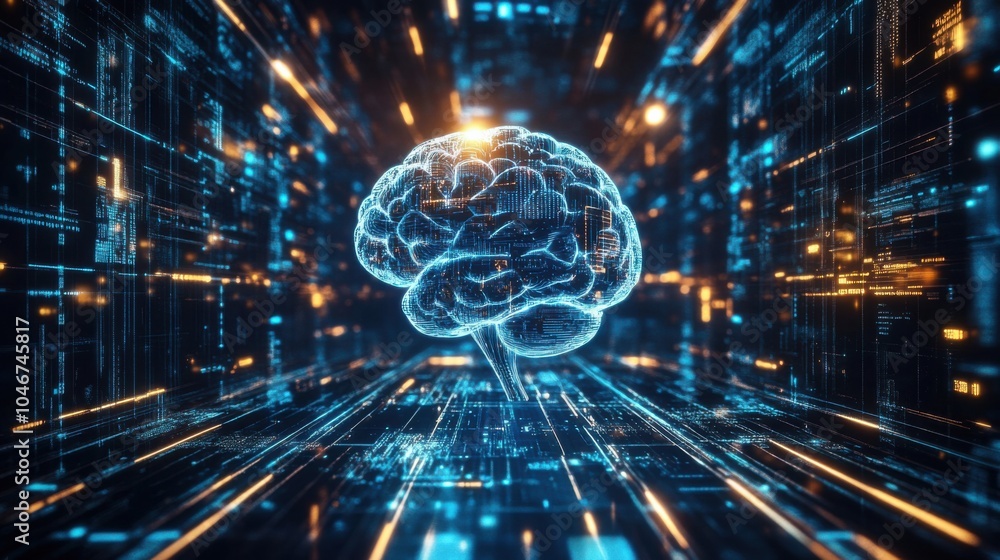 Poster virtual brain in digital space with flowing data