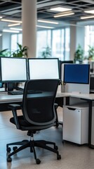 Professional office setup with empty ad space on screens and bulletin boards surrounded by ergonomic chairs and modern architecture