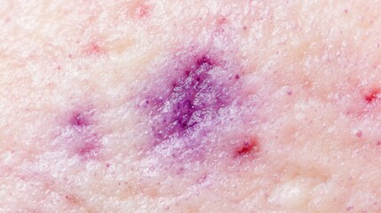 Fototapeta premium Close up of fresh bruise with deep blue-purple tone spreading under pale skin detailed texture capturing swelling and slight redness highlighting injury depth