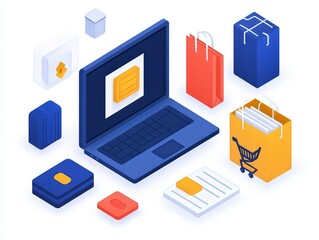 Obraz premium Exploring E-commerce Digital Shopping Experience with Laptop and Shopping Bags