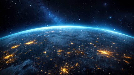 Obraz premium A stunning view of Earth from space at night, showing the glowing lights of cities and the vast expanse of the universe.