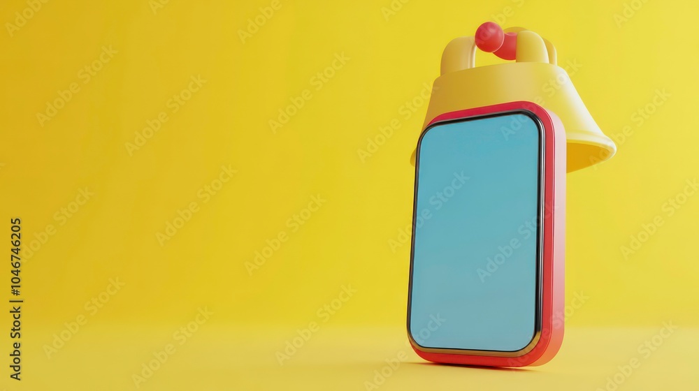 Fototapete a 3d rendering of a smartphone with a bell notification on a yellow background.