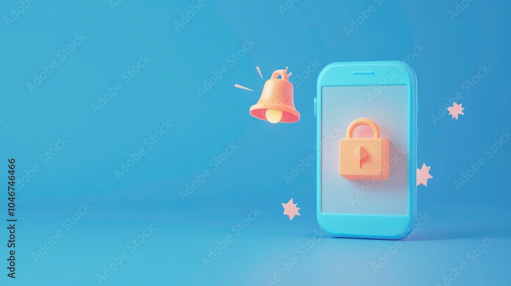 Aufkleber A 3D rendering of a smartphone with a lock icon on the screen and a bell icon next to it.