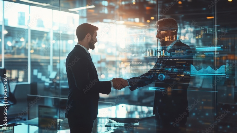 Poster Two men shake hands in front of a computer screen with a lot of numbers