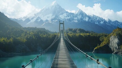 Obraz premium Suspension Bridge Leading to Snowy Mountains