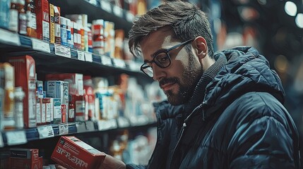 A man in a winter jacket is carefully examining a product on a shelf in a brightly lit store aisle, reflecting common shopping and consumer behavior scenes.