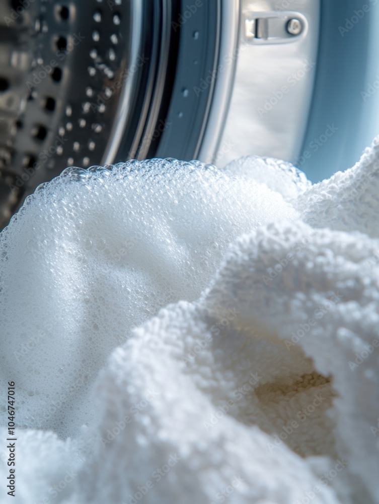 Poster a close-up shot reveals a washing machine drum filled with fluffy white towels, showcasing bubbles a