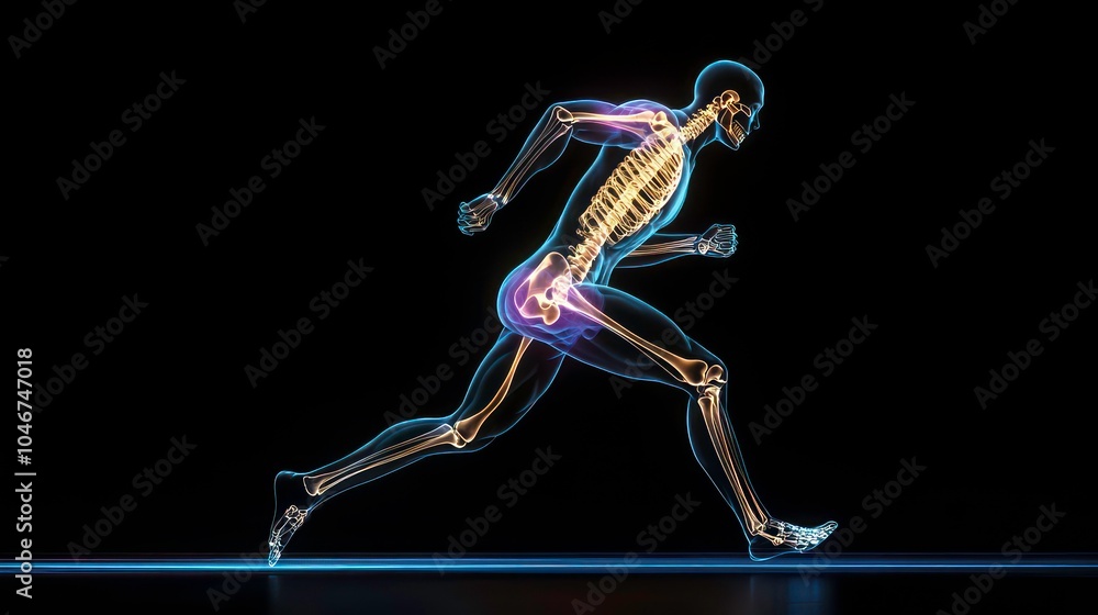 Poster A 3D rendering of a human skeleton running on a black background. The skeleton is glowing blue and purple.