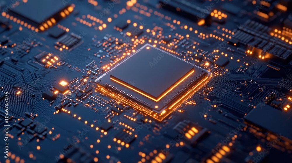 Poster close-up of a microchip on a circuit board with glowing elements, showcasing technology.