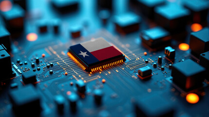 A Texas flagged microchip sits at the center of a circuit board, surrounded by glowing components, symbolizing role in technological innovation and semiconductor design.