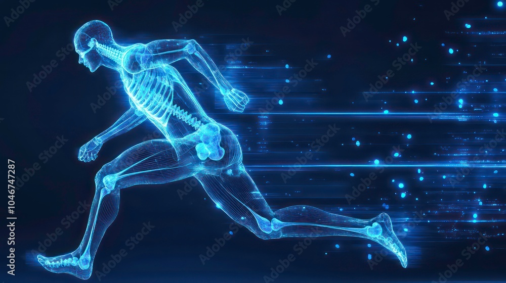 Poster a stylized skeletal figure of a person running, representing speed and motion.