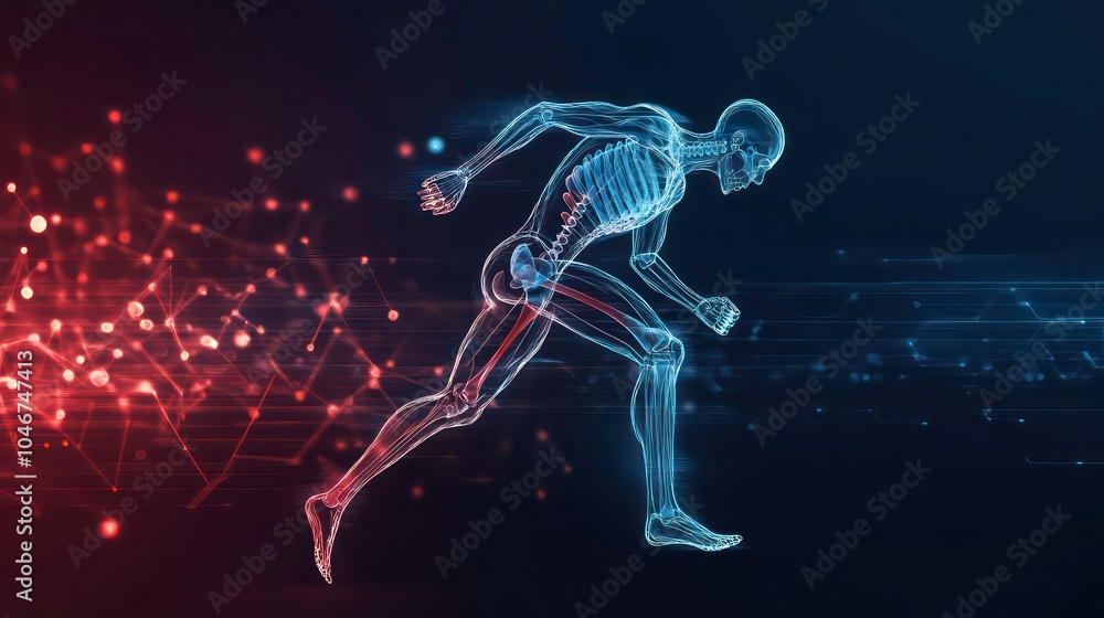 Poster A 3D rendering of a human skeleton running, with a glowing red and blue network behind.