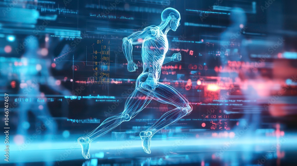 Poster a glowing blue digital skeleton runs on a glowing blue track against a background of glowing red and