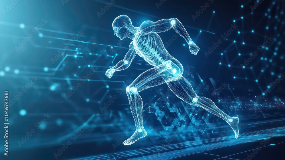 Aufkleber A digital rendering of a human skeleton running, with glowing blue lines representing muscles and joints. The background features a grid of digital data.