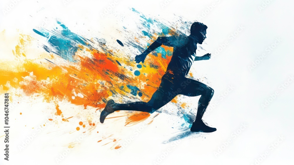 Poster silhouette of a runner with colorful abstract paint splatter background.