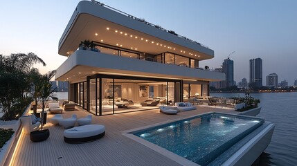Fototapeta premium A modern waterfront villa featuring an elegant pool, spacious terraces, and stunning city views, illuminated in the evening.