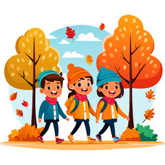 Kinder, die in herbstlicher Atmosph&auml;re durch den Wald spazieren