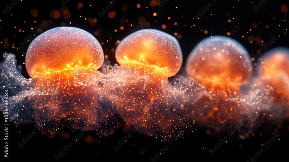 Poster three vibrant jellyfish swimming smoothly in dark water, creating a mesmerizing display of light and