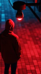A Mysterious Figure Under a Surveillance Camera Bathed in Red Light