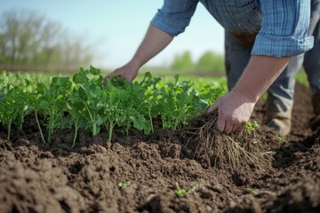 A farmer using a no-till technique on a regenerative farm, with healthy soil full of organic matter and roots.